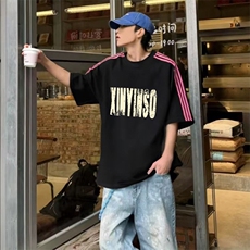 抖音得物品质二开240克宽松纯棉美式潮牌印花三条杠中性风短袖T恤，男装T恤，电商A486-1