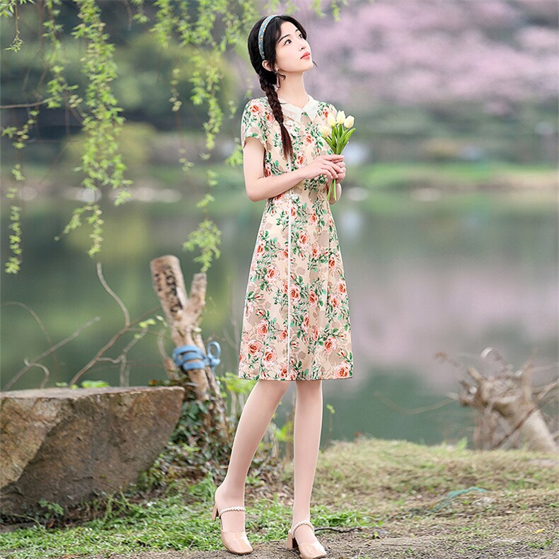2022年夏季气质优雅改良旗袍连衣裙,女装连衣裙,金典明美