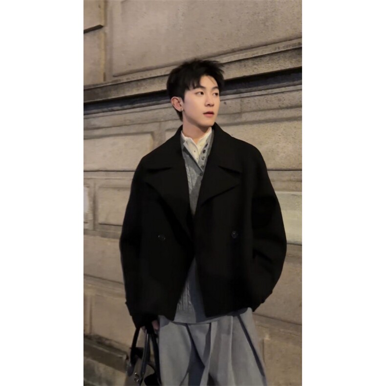 25短款长袖毛呢大衣秋冬新款韩版宽松显瘦外套潮504-F31-P85控128，男装毛呢大衣，星座504