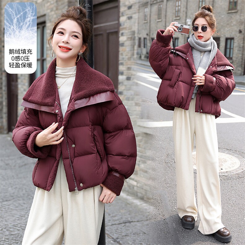 短款羽绒服女2024冬季新款小个子高级感休闲红色羊羔毛大翻领外套图片
