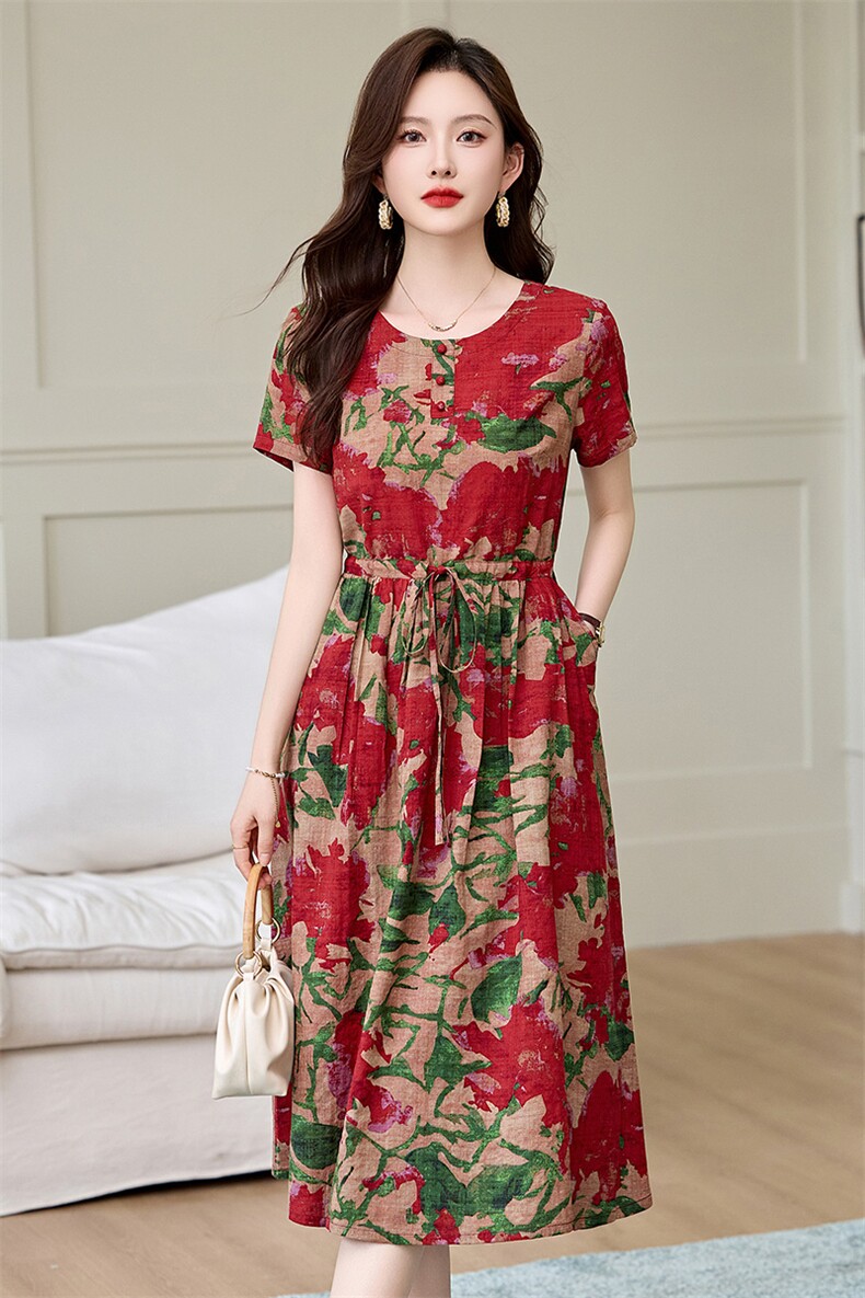 休闲圆领印花棉麻连衣裙女2025夏季新款抽绳收腰显瘦短袖碎花长裙,女装连衣裙,姿衣坊