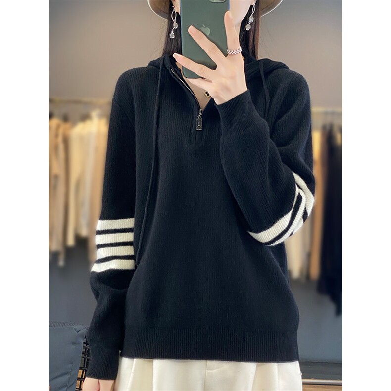 时尚百搭红色半拉链帽衫羊毛针织衫女装秋冬新款,女装羊毛衫,狄美羊绒