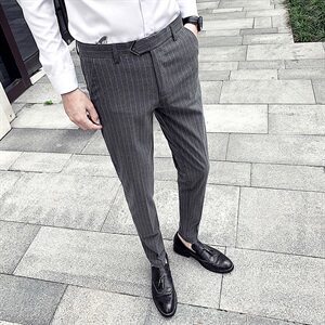 7631-P55加绒60 2021春秋条纹休闲裤西裤男士英伦风西装长裤子图片