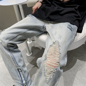 破洞牛仔裤男夏季薄款男裤宽松直筒阔腿裤高街ins裤男N08802-P45