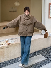 韩系拼接撞色格子围巾短款羽绒服女2025冬立领宽松小个子减龄外套，女装羽绒服，艾米莉亚