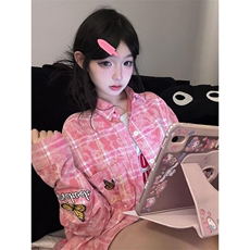 美式蝴蝶刺绣格子衬衫男秋季新款别致设计小众装衬衣外套CY14，男装衬衫，星座1116A（原606A-3）