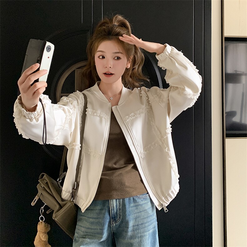 米色木耳边棒球服短款外套女2025春秋季新款韩版显瘦减龄夹克上衣,女装短外套,浙宝A馆126
