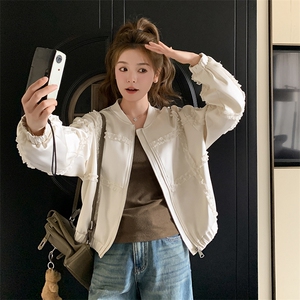 米色木耳边棒球服短款外套女2025春秋季新款韩版显瘦减龄夹克上衣图片