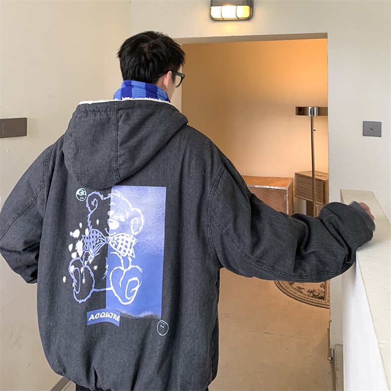 高品质休闲牛仔连帽羊羔毛衣潮流宽松服A161-521-P145控165,男装棉衣,电商A161