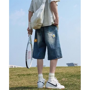 潮小花刺绣贴布五分牛仔短裤夏季2025新款美式宽松中裤 D3557图片