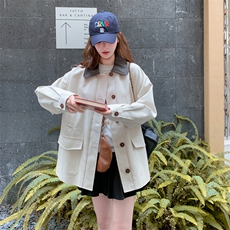pu皮领拼接工装风衣外套女春秋2025新款爆款高级感学院风夹克上衣，女装风衣，2C372