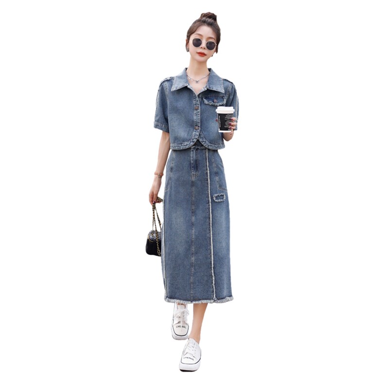 时尚牛仔套装女夏季新款显瘦气质两件套裙子小香风外套连衣裙,女装套装/套裙,秋水欣儿