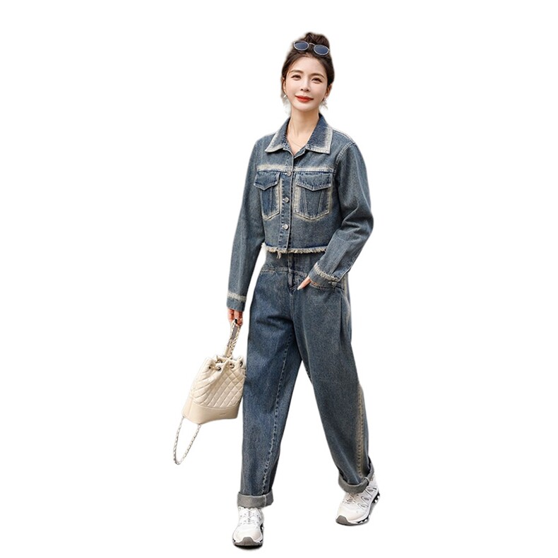 时尚春季牛仔两件套女宽松显瘦外套+阔腿裤套装,女装套装/套裙,秋水欣儿