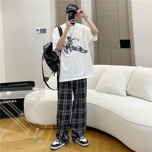 A450-GZ47-P70 控98  抖音高品质棉布格子休闲裤拖地长裤格纹图片