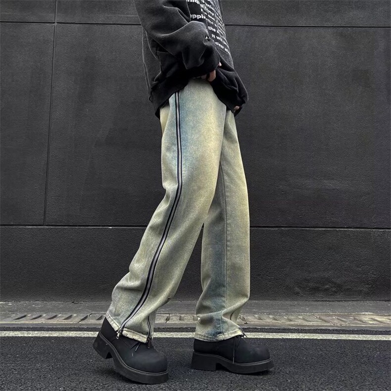 黄泥染水洗牛仔裤ins高街男欧美hiphop裤子vibe拉链直筒裤~NK7070,男装牛仔裤,星座601-2