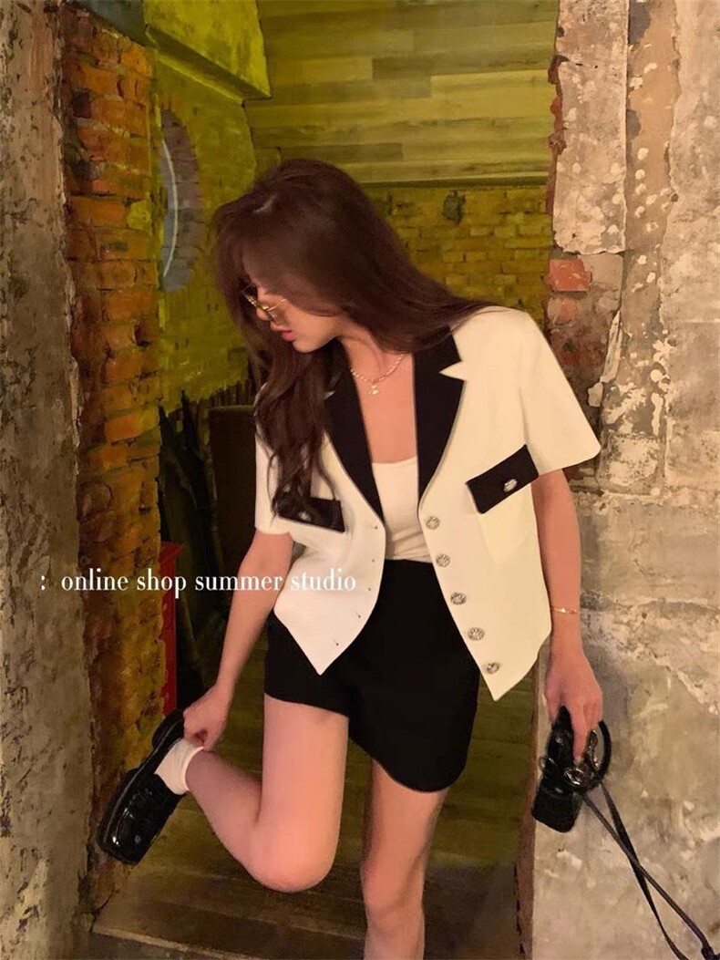 现货拼色小西装短袖，女装西装，F/TU
