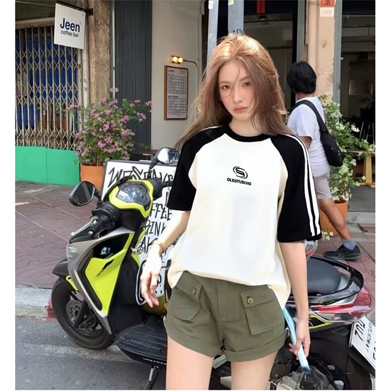 抖音得物品质二开240克宽松纯棉美式潮牌插肩三杠织带短袖T恤图片