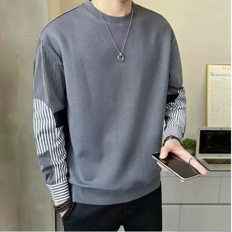 25港风拼接卫衣男春秋新款帅气圆领条纹衬衫袖上衣青年休闲打底衫,男装T恤,星座506A