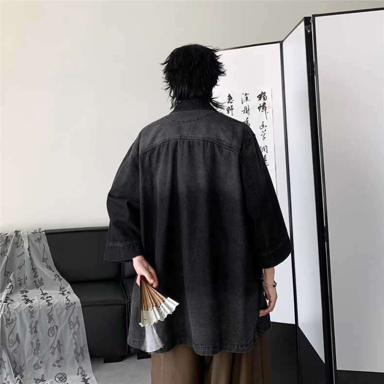 新中式渐变水洗复古盘扣水洗牛仔衬衫夏季薄款短袖衬衫,男装衬衫,星座410-6（原星座1304-1）