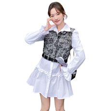 【】翻领木耳边时尚连衣裙+复古马甲套装2D148-2627-P170K278，女装套装/套裙，2D148