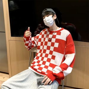 毛衣男秋新款美式复古小众设计感棋盘格情侣款宽松百搭M696-P43图片
