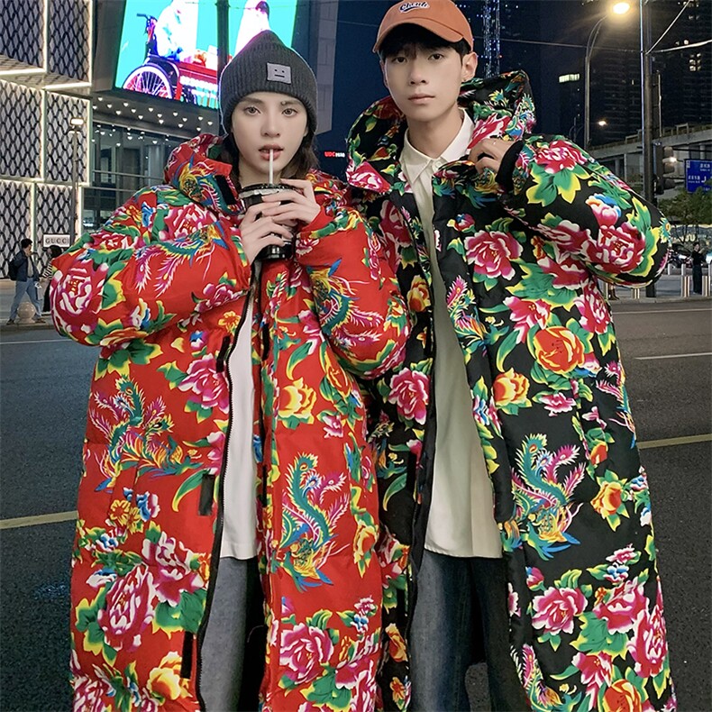 A5长款棉衣外套东北大花风汉服男女宽松保暖防寒连帽棉袄情侣图片
