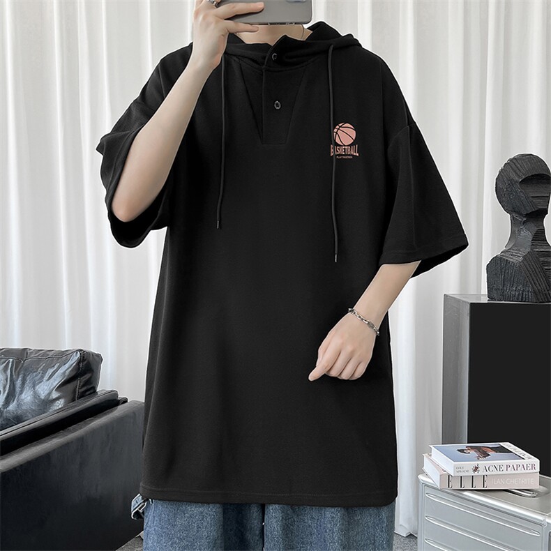 LD54237-P45 连帽短袖t恤男大码胖子带帽五分袖中袖图片
