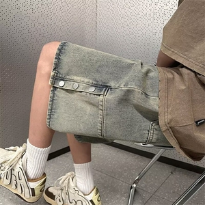 排扣牛仔短裤男夏季黄泥色水洗做旧马裤美式高街复古宽松五分裤子图片