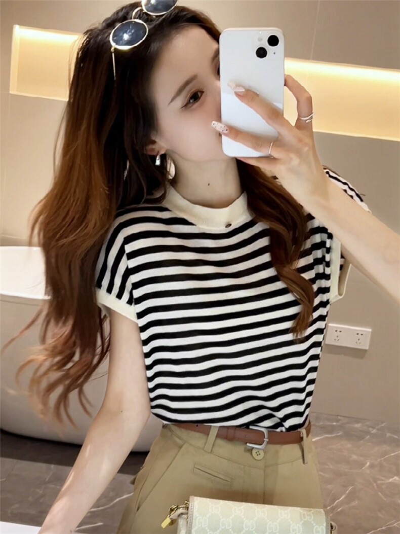 夏季新款条纹飞飞袖羊毛短袖女,女装T恤,佳弈羊绒