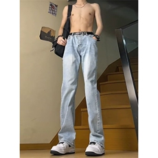 美式复古牛仔裤男春夏季新款高街宽松显瘦设计感阔腿直筒长裤子，男装牛仔裤，星座506A