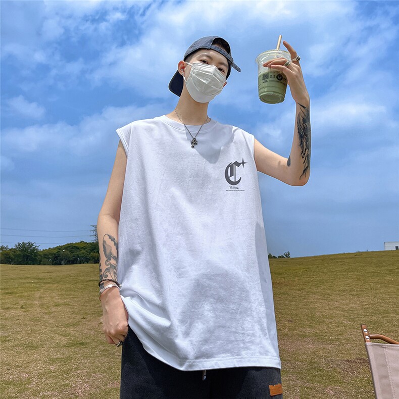 港风新款夏季时尚百搭无袖印花圆领纯棉短袖T恤DT65006P25控38,男装T恤,电商A268A