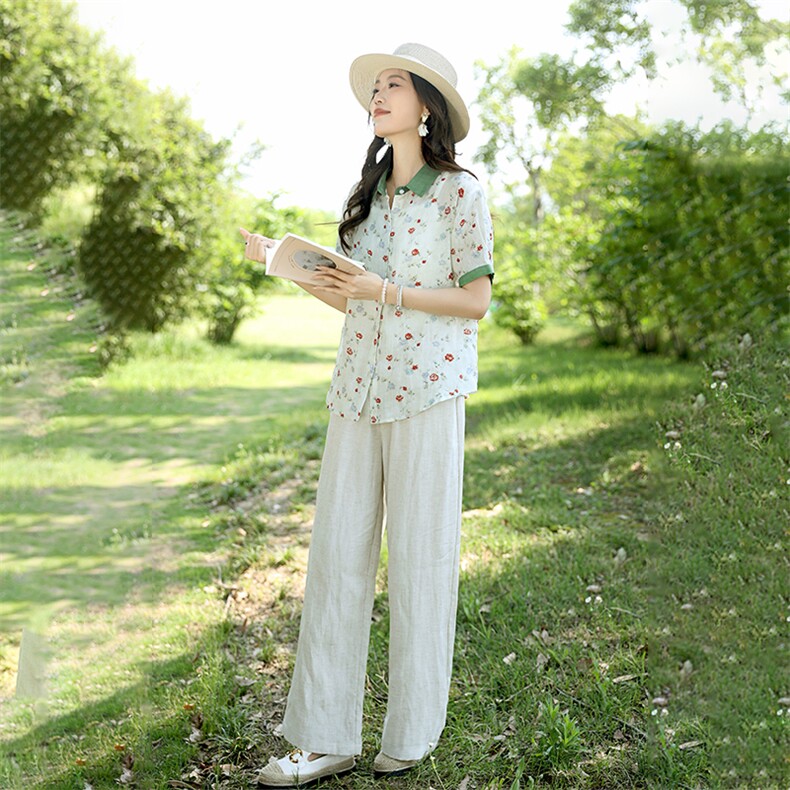 2025夏装新款苎麻碎花上衣复古宽松短袖印花衬衫女设计感碎花衬衣,女装套装/套裙,凝聚力