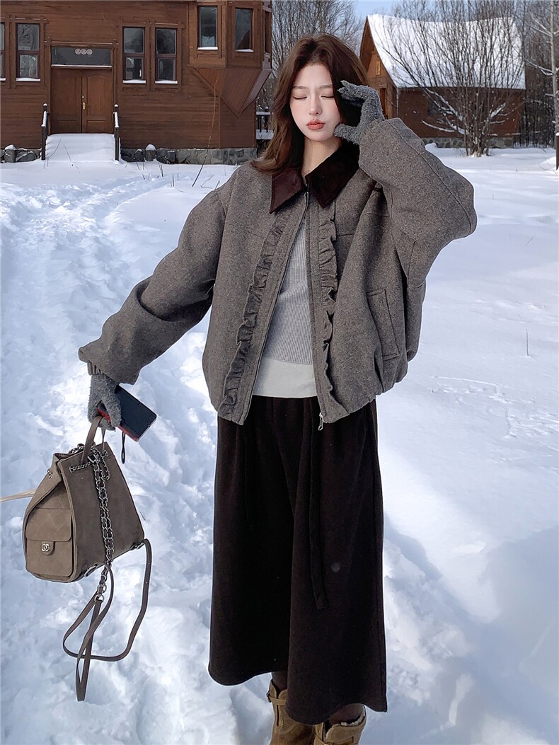 撞色翻领木耳边羊毛呢外套女冬季夹棉保暖呢子夹克女,女装棉衣/棉服,水衣源