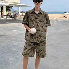 2024复古衬衫男夏装港风宽松短裤套装TZ017P42，男装衬衫，星座1116-2