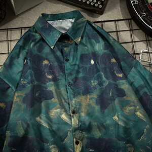 CS20-P45   夏装油画印花冰丝半袖衬衫男士宽松大码胖子短袖衬衣图片