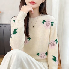 2026年秋季时尚百搭通勤简约休闲花朵圆领，女装针织衫/毛衣，暖姿羊绒