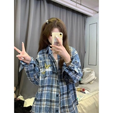 NASA联名2024年美式街头蓝色格子衬衫男女情侣显瘦休闲百搭外套，男装衬衫，星座506A