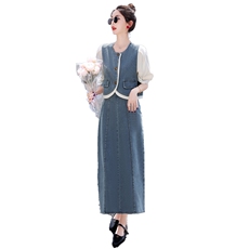 中袖牛仔套裙2023夏季女复古高级感气质显瘦中长款裙子，女装套装/套裙，众宇琦
