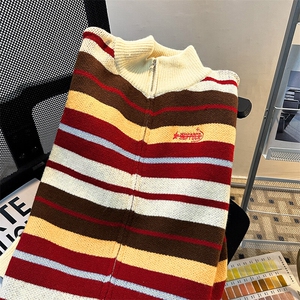 条纹撞色毛衣开衫男女秋冬新款美式潮立领针织衫外套MY95459-P70