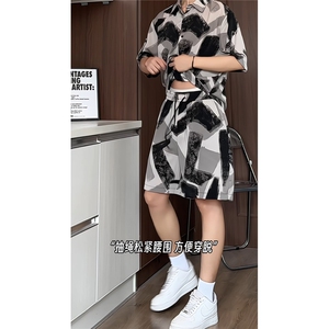 1短袖衬衫男+短裤潮流休闲套装男M-5XL大码TZ78704P50控98模特图图片