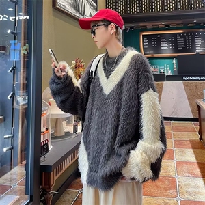 情侣款星星条纹毛衣秋冬季复古宽松休闲美式针织衫套头上衣男图片
