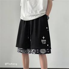 潮牌腰果花假两件排扣短裤运动宽松中裤B315-K23324-P45控58，男装休闲裤，电商B315
