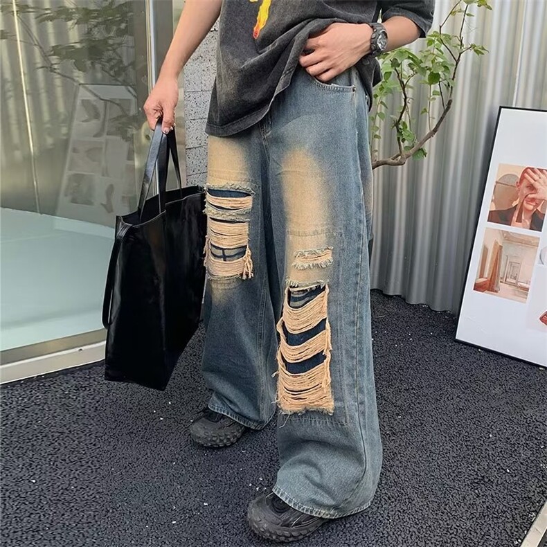 美式牛仔裤男潮牌夏季设计感阔腿裤子微喇宽松高街直筒长裤,男装牛仔裤,星座716-2