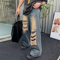 美式牛仔裤男潮牌夏季设计感阔腿裤子微喇宽松高街直筒长裤，男装牛仔裤，星座716-2