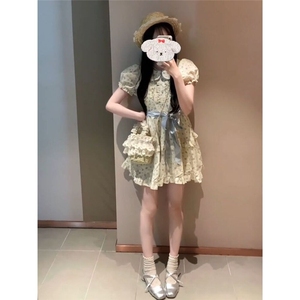 娃娃领泡泡袖碎花连衣裙女收腰显瘦法式茶歇小个子复古中长款裙子图片