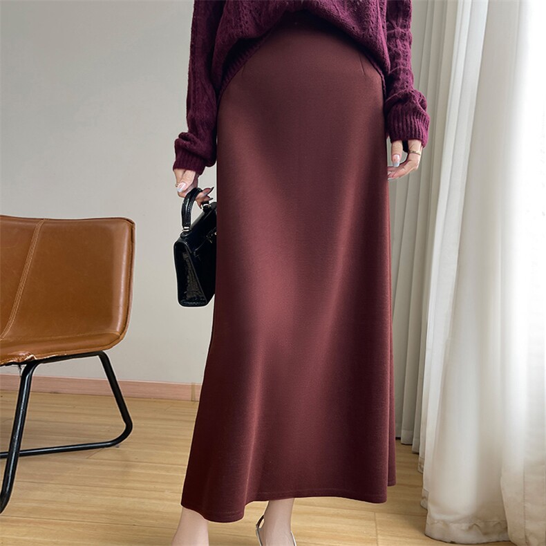深灰色中长款半身裙女精纺毛加厚保暖A字遮腿粗高腰鱼尾裙糯米裙，女装半身裙，朝贺羊绒