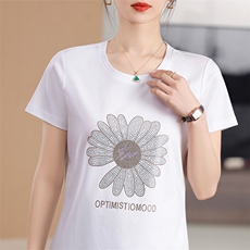 烫钻太阳花艺术时尚舒适显瘦棉T高端丝光棉短袖夏季凉感百搭上衣，女装T恤，元素羊绒