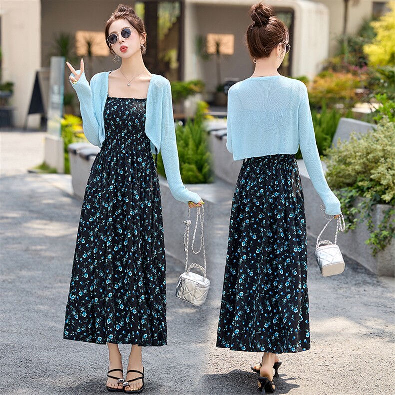 圣雅姿2025春夏韩版时尚气质碎花吊带连衣裙针织开衫两件套显瘦女，女装套装/套裙，魅丽静蓝