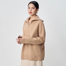 秋冬女士时尚宽松翻领羊毛拉链款针织衫，女装羊毛衫，挚尚羊绒