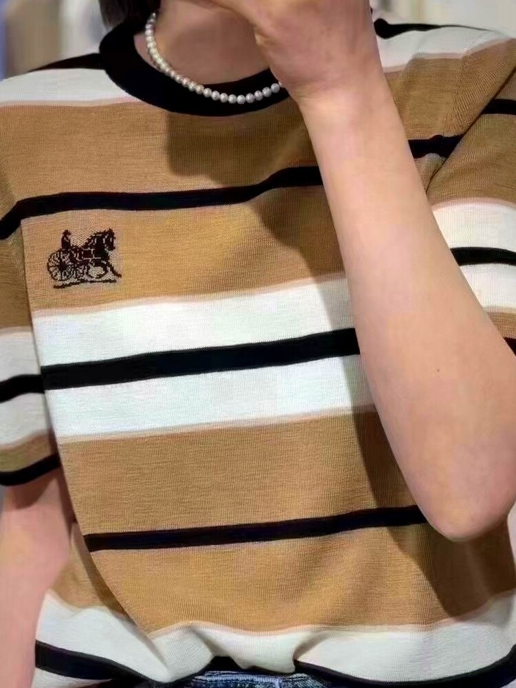 时尚条纹短袖针织衫简约休闲百搭纯棉上衣,针织衫/毛衣,端硕羊绒